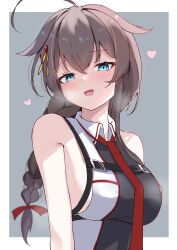  absurdres ahoge blue_eyes blush braid breasts brown_hair calin chest_harness commentary_request female hair_between_eyes harness heart highres kantai_collection long_hair medium_breasts necktie open_mouth red_necktie shigure_(kancolle) shigure_kai_san_(kancolle) sideboob single_braid smile solo upper_body 