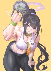  abs absurdres bare_shoulders black_hair black_pants blue_archive choker clenched_teeth commission cursna exercising eyewear_hang female flower green_choker green_wristband grip_trainer hair_flower hair_ornament hair_scrunchie halo hand_on_own_thigh highres holding muscular muscular_female navel pants pixiv_commission ponytail purple_eyes purple_halo purple_scrunchie scrunchie simple_background sports_bra sports_sunglasses sumire_(blue_archive) sunglasses teeth unworn_eyewear white_sports_bra yellow_background yoga_pants 