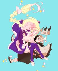  1boy black_hair black_pants blonde_hair blue_background blue_eyes blush braid breasts character_hat falling female fingernails floating_hair grey_shirt highres huge_breasts long_braid mimikyu pants personification pink_shirt pokemon primarina puffy_pants purple_eyes purple_shirt purple_thighhighs shirt simple_background star_(symbol) straight thighhighs yuzu_ichika 