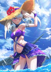  alternate_costume blue_eyes blush breasts criss-cross_straps curled_ends dated female flower grey_hair hat hat_flower head_wings highres large_breasts long_hair melia_antiqua mercury_xeno navel one_eye_closed outdoors red_flower solo straw_hat sun_hat sunlight wading water wet wings xenoblade_chronicles_(series) xenoblade_chronicles_1 