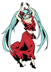  :d alternate_costume aqua_eyes aqua_hair arms_up bare_arms black_footwear breasts cleavage commentary dancing earrings english_commentary female flower full_body hair_between_eyes hair_flower hair_ornament hatsune_miku high_heels highres hoop_earrings jewelry kukuruyo large_breasts long_hair looking_at_viewer midriff navel open_mouth red_flower red_rose rose shoes simple_background smile solo twintails very_long_hair vocaloid white_background 