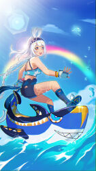  :d absurdres bare_arms bare_shoulders blue_footwear blue_hairband blue_shorts blue_sky breasts camisole chinese_commentary commentary_request crop_top dark_skin day female genshin_impact hairband highres lens_flare medium_breasts midriff mualani_(genshin_impact) open_mouth ponytail qise_zhijing red_eyes shorts sky smile solo spaghetti_strap surfing water white_hair 