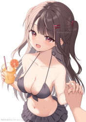  1boy artist_name bikini bikini_skirt black_bikini blush breasts brown_hair collarbone cup drinking_glass drinking_straw female food frilled_bikini frills front-tie_bikini_top front-tie_top fruit grey_eyes groin hair_ornament hair_tie hairclip halterneck hands_up highres holding holding_cup ice ice_cube interlocked_fingers juice long_hair looking_at_viewer mao-chan_(uramakaron) medium_breasts navel oerba_yun_fang open_mouth orange_(fruit) orange_juice orange_slice original pink_nails pov pov_hands red_pupils smile swimsuit tropical_drink two_side_up uramakaron water_drop 