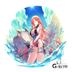  breasts dare_ga_tame_no_alchemist female griffin highres holster irene_(dare_ga_tame_no_alchemist) large_breasts long_hair ocean official_art one_eye_closed orange_hair outdoors purple_eyes sheath shibuhiko short_sword sky smile solo swimsuit sword weapon 