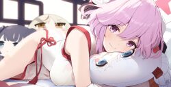  blue_archive blurry blurry_background breasts bun_cover character_pillow cherino_(blue_archive) china_dress chinese_clothes closed_mouth double_bun dress female hair_between_eyes hair_bun halo kisaki_(blue_archive) large_breasts looking_at_viewer lying nejime on_stomach pillow pink_eyes pink_hair red_halo sleeveless sleeveless_dress smile solo tomoe_(blue_archive) tomoe_(qipao)_(blue_archive) white_dress 