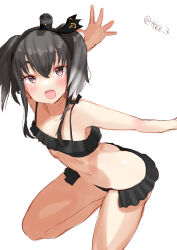  bikini black_bikini black_hair brown_eyes female flat_chest frilled_bikini frills gradient_hair hat highres kantai_collection looking_at_viewer mini_hat multicolored_hair one-hour_drawing_challenge open_mouth outstretched_arms short_hair short_hair_with_long_locks simple_background smile smokestack_hair_ornament solo swimsuit tetsukuzu_(yajirushi_shita) tokitsukaze_(kancolle) two_side_up white_background 