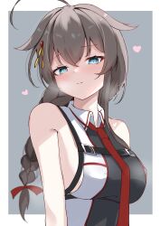  absurdres ahoge blue_eyes blush braid breasts brown_hair calin chest_harness closed_mouth commentary_request female hair_between_eyes harness heart heart-shaped_pupils highres kantai_collection long_hair medium_breasts necktie red_necktie shigure_(kancolle) shigure_kai_san_(kancolle) sideboob single_braid smile solo symbol-shaped_pupils upper_body 