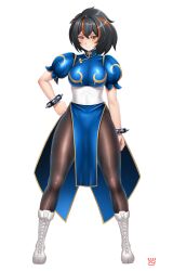  black_hair blue_dress boots bracelet breasts china_dress chinese_clothes chun-li chun-li_(cosplay) commentary_request cosplay dress female finalcake full_body gold_trim hair_between_eyes hand_on_own_hip highres jewelry large_breasts long_hair looking_at_viewer multicolored_hair pantyhose pelvic_curtain ponytail puffy_short_sleeves puffy_sleeves red_eyes red_hair sash short_sleeves simple_background smile solo spiked_bracelet spikes standing streaked_hair street_fighter thighs underbust white_background white_footwear zenless_zone_zero zhu_yuan 