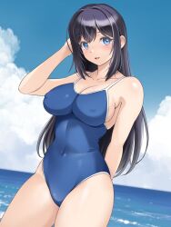  akiba_wataru black_hair blue_eyes blue_one-piece_swimsuit blue_sky breasts cleavage cloud collarbone competition_school_swimsuit covered_navel covered_nipples cowboy_shot day female highres horizon large_breasts long_hair looking_at_viewer ocean one-piece_swimsuit original outdoors school_swimsuit sky swimsuit 