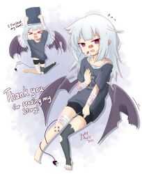  bags_under_eyes bandages bat_wings broken_wing bruise bruise_on_face bruise_on_shoulder fangs female highres injury messy_hair my_lonely_orphan_vampire_enya original oversized_clothes oversized_shirt shirt shorts single_sock socks tail vampire wings yogurtm 