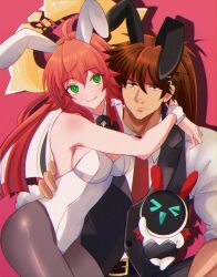  &gt;_&lt; 1boy :d ahoge animal_ears breasts brown_eyes brown_hair closed_mouth commentary_request fake_animal_ears fake_tail female green_eyes guilty_gear guilty_gear_strive headband highres hug jack-o&#039;_valentine large_breasts leotard looking_at_viewer male_playboy_bunny pantyhose pink_background playboy_bunny rabbit_ears rabbit_tail red_hair red_headband smile sol_badguy strapless strapless_leotard tail ume_(okum_00) white_leotard xd 