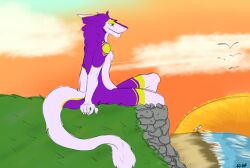  ambiguous_gender anthro avian axxelroze bird claws cloud female_(lore) fur grass green_eyes hi_res markings mauve_(mauvedash) nude outside plant purple_body purple_fur rock sand sergal sitting solo sun sunset tail tail_tuft tuft water white_body white_claws white_fur white_tail yellow_body yellow_fur yellow_markings 