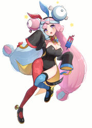  absurdres alternate_costume animal_ears asymmetrical_legwear black_footwear black_leotard blue_hair bow bow-shaped_hair bowtie breasts character_hair_ornament cleavage covered_navel detached_collar detached_sleeves fake_animal_ears female full_body gonzarez gradient_eyes hair_ornament highres iono_(pokemon) large_breasts leotard long_hair long_sleeves looking_at_viewer multicolored_eyes multicolored_hair open_mouth pink_hair playboy_bunny pokemon pokemon_(creature) pokemon_sv purple_eyes rotom rotom_phone simple_background single_leg_pantyhose single_thighhigh sleeves_past_fingers sleeves_past_wrists solo star_(symbol) strapless strapless_leotard teeth thigh_strap thighhighs thighs two-tone_bow two-tone_bowtie two-tone_hair very_long_hair white_background wide_hips 