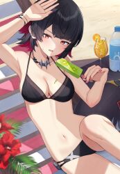  absurdres alternate_costume arm_up armpits bare_arms bare_shoulders beach bikini black_bikini black_hair bracelet breasts cleavage commission cup drinking_glass ear_piercing ellen_joe female fins fish_tail food halterneck hand_up highres holding holding_food holding_popsicle hurricane_glass jewelry kurousagi_yuu looking_at_viewer medium_breasts mole mole_under_eye multi-strapped_bikini_bottom multicolored_hair nail_polish navel necklace open_mouth piercing pink_nails pixiv_commission popsicle red_eyes red_hair shading_eyes shark_tail sharp_teeth short_hair sitting solo stomach string_bikini sweatdrop swimsuit tail teeth thighs two-tone_hair v-shaped_eyebrows zenless_zone_zero 