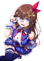  adjusting_eyewear armlet bare_shoulders blue-framed_eyewear blue_eyes blue_skirt blue_thighhighs breasts brown_hair commentary_request cowboy_shot dodome-iro_mayonnaise female from_above glasses hair_flaps hair_ornament hair_ribbon hairclip hololive jewelry large_breasts long_hair looking_at_viewer neck_ribbon open_mouth over-rim_eyewear red_ribbon ribbon round_eyewear semi-rimless_eyewear shirt simple_background sitting skirt sleeveless smile solo star_(symbol) star_hair_ornament thighhighs tokino_sora tokino_sora_(1st_costume) tongue virtual_youtuber white_background white_shirt wrist_cuffs zettai_ryouiki 