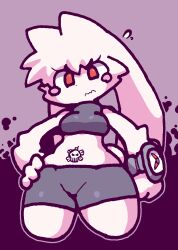  annoyed anthro athletic_wear beauty_battle_bunny clock embarrassed female flustered hi_res humanoid kurohaneco lagomorph low-angle_view mammal navel navel_piercing piercing solo spats sportswear watch 