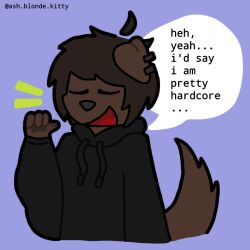  anthro ashblondekittyy black_clothing black_hoodie black_topwear brown_body brown_hair canid canine canis closed_eyes clothing dialogue domestic_dog floppy_ears gesture grey_nose hair hand_gesture hoodie male mammal open_mouth pawpads paws piercing pointing pointing_at_self rex_(ashblondekittyy) smug solo speech_bubble tail topwear trans_(lore) trans_man_(lore) 