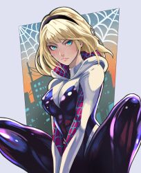  black_hairband blonde_hair blue_eyes border breasts closed_mouth commentary eyelashes female grey_border gwen_stacy hairband highres large_breasts marvel medium_hair smile solo spider-gwen spider-man_(series) spider-verse squatting to-ru white_hood 