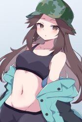  :o aqua_jacket black_sports_bra brown_eyes brown_hair bucket_hat collarbone commentary_request crop_top eyelashes female green_hat grey_background hat highres jacket leaf_(pokemon) leaf_(sygna_suit)_(pokemon) long_hair navel official_alternate_costume open_clothes open_jacket piyo_to_game pokemon pokemon_frlg pokemon_masters_ex simple_background solo sports_bra 