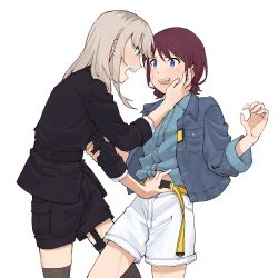  2girls absurdres belt black_jacket black_shorts black_thighhighs blue_eyes blue_jacket blue_shirt blush brown_hair collared_shirt commentary dress_shirt eye_contact garter_straps girls_band_cry grabbing_another&#039;s_arm grey_eyes grey_hair hand_on_another&#039;s_cheek hand_on_another&#039;s_face hand_under_clothes hand_under_shirt highres iseri_nina jacket kawaragi_momoka long_hair looking_at_another low_twintails midriff_peek multicolored_hair multiple_girls open_clothes open_jacket open_mouth r_bishh roots_(hair) shirt short_hair short_twintails shorts sidelocks simple_background sleeves_past_elbows sweatdrop teeth thighhighs twintails upper_teeth_only variant_set white_background white_shorts yellow_belt yuri 