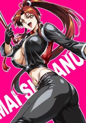  black_gloves black_jumpsuit black_pants breasts brown_eyes brown_hair cleavage commentary_request fatal_fury fatal_fury:_city_of_the_wolves female folded_fan folding_fan gloves hand_fan high_ponytail highres holding holding_fan jacket jumpsuit kisuu ninja pants ponytail shiranui_mai snk 