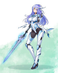  ahoge android armor blue_eyes bodystocking boots breasts commission covered_navel female full_body headgear heterochromia high_heel_boots high_heels highres hip_armor holding holding_sword holding_weapon impossible_clothes leg_armor leotard long_hair looking_at_viewer medium_breasts original purple_hair shoulder_armor simple_background skeb_commission solo sword takada_kazuhiro weapon yellow_eyes 