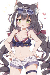  animal_ear_fluff animal_ears bare_shoulders bikini black_hair blush bracelet breasts cat_ears cat_girl cat_tail cleavage collarbone commentary cowboy_shot eyewear_on_head female furrowed_brow green_eyes groin hair_between_eyes hair_intakes hair_ribbon hands_on_own_hips hi_(pontolfo) highres jewelry karyl_(princess_connect!) karyl_(summer)_(princess_connect!) long_hair low_twintails medium_breasts midriff multicolored_hair open_fly open_mouth princess_connect! ribbon ringlets short_shorts shorts solo streaked_hair swimsuit tail thigh_strap twintails white_background white_hair 