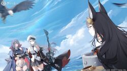  3girls animal_ears artist_request azur_lane bald_eagle bird black_hair black_skirt black_thighhighs blue_coat blue_hair blue_sky bow_(weapon) breasts clothing_cutout coat coat_on_shoulders compound_bow dutch_angle eagle enterprise_(azur_lane) grim_(azur_lane) hat holding holding_bow_(weapon) holding_weapon large_breasts long_hair long_sleeves looking_at_another miniskirt multiple_girls nagato_(azur_lane) navel_cutout official_art open_clothes open_coat peaked_cap pittsburgh_(azur_lane) pleated_skirt shirt skirt sky thighhighs weapon white_hair white_hat white_shirt zettai_ryouiki 