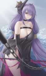  absurdres azur_lane black_choker black_dress black_gloves breast_strap breasts chains choker cleavage collarbone dress elbow_gloves female gloves hair_ornament hair_over_one_eye highres holding holding_polearm holding_weapon ichikushi_mojibake large_breasts long_hair looking_at_viewer mogador_(azur_lane) naked_poncho ocean polearm purple_eyes purple_hair ribbon smile solo thighs torn_clothes torn_dress twintails very_long_hair weapon 