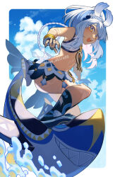  :d absurdres ame_akira bare_shoulders blue_hair blue_hairband blue_nails blue_sky border braid cloud commentary crop_top dark-skinned_female dark_skin female fingernails from_side genshin_impact hairband highres light_blue_hair long_hair looking_at_viewer midriff mualani_(genshin_impact) multicolored_hair nail_polish orange_eyes outdoors outside_border shark simple_bird sky smile solo surfing twitter_username upper_body very_long_hair white_border white_hair 