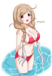  arms_behind_back bikini braid breasts brown_eyes cleavage cloud_hair_ornament dated female kantai_collection large_breasts light_brown_hair long_hair low_twin_braids masara_(chuujou) minegumo_(kancolle) navel one-hour_drawing_challenge red_bikini simple_background smile solo swimsuit twin_braids twitter_username wading water white_background 