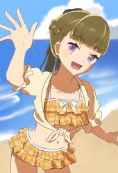  :d arm_up bad_id bad_twitter_id bikini blurry blurry_background brown_hair center-flap_bangs collarbone commentary cowboy_shot female frilled_bikini frilled_sleeves frills half_up_braid highres jacket kachimachi_kosuzu link!_like!_love_live! long_hair looking_at_viewer love_live! midriff misoshiru._(hss_llnl) navel official_alternate_costume official_alternate_hairstyle open_hand open_mouth pink_eyes plaid_bikini plaid_clothes short-sleeved_jacket short_sleeves smile solo swimsuit tied_jacket virtual_youtuber yellow_bikini yellow_jacket 