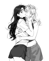  2girls blush chest_tattoo closed_eyes closed_mouth commentary drawstring genderswap_(mtf) greyscale hand_on_another&#039;s_face hand_on_another&#039;s_head hands_on_another&#039;s_back haotmeal highres hug k-pop kissing kissing_cheek long_hair monochrome multiple_girls real_life rule_63 short_sleeves shorts skirt smile sung_han-bin symbol-only_commentary tattoo yuri zerobaseone zhang_hao 