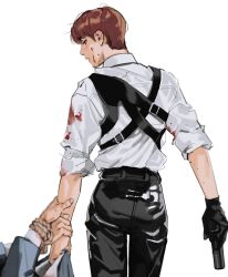  2boys black_gloves black_pants blood blood_on_clothes blood_on_face bound bound_wrists brown_hair collared_shirt gloves grey_jacket gun handgun haotmeal highres holding holding_another&#039;s_wrist holding_gun holding_weapon jacket k-pop looking_back male_focus multiple_boys pants parted_lips real_life shirt short_hair simple_background sleeves_rolled_up weapon white_background white_shirt zerobaseone zhang_hao 