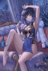  alcohol arm_up armpits asymmetrical_gloves bare_legs barefoot black_bra black_gloves blue_butterfly blue_hair blue_shirt bottle bra bracelet breasts bug butterfly center_opening cityscape cleavage clothing_cutout couch cup earrings female fingerless_gloves genshin_impact gloves green_eyes high_heels highres holding holding_cup indoors jewelry looking_at_viewer medium_breasts on_couch parted_lips shelf shirt short_hair side_cutout teeth toes underwear white_gloves wine wine_bottle yelan_(genshin_impact) yelan_xing_xuan zipper_pull_tab 