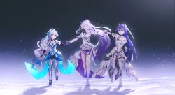  3girls absurdres armor armored_dress bare_shoulders breasts bronya_zaychik bronya_zaychik_(herrscher_of_truth) cleavage commentary diootaro dress drill_hair drill_ponytail gloves grey_eyes grey_hair high_ponytail highres holding_hands honkai_(series) honkai_impact_3rd kiana_kaslana kiana_kaslana_(herrscher_of_finality) long_hair multiple_girls ponytail purple_eyes purple_hair raiden_mei raiden_mei_(herrscher_of_origin) single_drill smile very_long_hair white_armor white_hair 