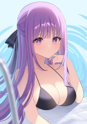  bikini black_bikini black_ribbon blunt_bangs breasts cleavage closed_mouth collared_shirt commentary english_commentary female fern_(sousou_no_frieren) finger_to_own_chin hair_ribbon half_updo halterneck hand_up highres large_breasts long_hair looking_at_viewer partially_submerged pool_ladder purple_eyes purple_hair ribbon shirt solo sousou_no_frieren swimsuit umireki 