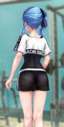  absurdres ass bare_legs black_panties black_shorts blue_hair blue_nails blurry blurry_background clothes_writing cropped_shirt earrings facing_away female from_behind gym hair_ribbon highres hololive hololive_dance_practice_uniform hoshimachi_suisei jewelry kneepits lace-trimmed_panties lace_trim leotard leotard_under_clothes long_hair nail_polish nape official_alternate_costume panties panties_under_shorts power_rack ribbon see-through see-through_shorts shirt shorts side_ponytail solo star_(symbol) star_earrings thighs underwear virtual_youtuber wajuniorbox weights white_shirt 