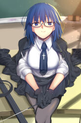  black_gloves black_jacket black_skirt blue_eyes blue_hair blue_necktie breasts ciel_(tsukihime) closed_mouth collared_shirt commentary_request cross female glasses gloves highres holding holding_stick iro_(sekaixiro) jacket large_breasts looking_at_viewer medium_hair necktie open_clothes open_jacket pantyhose shirt sitting skirt smile solo stick tsukihime tsukihime_(remake) white_shirt 