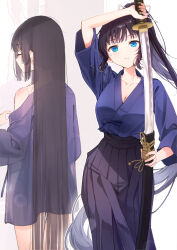  black_hair black_hakama blue_eyes blue_kimono blurry bokeh bra bra_strap breasts cleavage closed_eyes closed_mouth collarbone commentary_request cowboy_shot depth_of_field dougi facing_away facing_viewer female hakama highres holding holding_sword holding_weapon japanese_clothes katana kimono light_particles long_hair medium_breasts multiple_views original ponytail rangu sheath simple_background solo straight_hair sweat sword underwear undressing unsheathing very_long_hair weapon white_background white_bra 