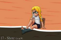  beach black_bottomwear black_clothing black_shorts bottomwear braided_hair cephalopod clothing english_text facial_markings female hair hand_on_knee hand_on_leg head_markings humanoid humanoid_pointy_ears inkling inkling_girl japanese_text katakana light_body light_skin marine markings mask_(marking) mollusk nintendo pseudo_hair sand sea shirt shoreline shorts sinktember sinktember_2022 sitting soaking_feet solo splatoon tentacle tentacle_hair text topwear uwdennis water white_clothing white_shirt white_topwear yellow_eyes yellow_pseudo_hair 