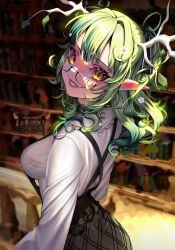  alternate_ears antlers ark_evil02 black_bra black_skirt bookshelf bra breasts ceres_fauna ceres_fauna_(jirai_kei) commentary english_commentary female flower from_side green_hair grin hair_flower hair_ornament highres hololive hololive_english horns impossible_clothes impossible_shirt large_breasts looking_at_viewer official_alternate_costume pointy_ears see-through see-through_shirt semi-rimless_eyewear shirt sideboob skirt smile solo twitter_username under-rim_eyewear underwear virtual_youtuber watermark yellow_eyes 