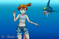  ambiguous_gender barefoot black_sclera blue_background blue_body blue_bottomwear blue_clothing blue_scales bottomwear catching clothing countershading cutoffs denim denim_bottomwear denim_clothing duo english_text feet female feral fin generation_3_pokemon gills gradient_background gym_leader hair human hunting japanese_text kasumi_(pokemon) katakana light_body light_skin looking_at_another mammal markings nintendo notched_fin open_mouth orange_hair pokeball pokemon pokemon_(species) ponytail red_eyes scales sea sharp_teeth sharpedo shirt shorts simple_background sinktember sinktember_2023 swimming tank_top teeth text topwear underwater uwdennis water white_body white_clothing white_countershading white_shirt white_tank_top white_topwear yellow_markings 