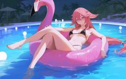  alternate_costume bikini black_bikini blush breasts cleavage commentary_request crossed_legs droopy_ears female genshin_impact hair_between_eyes highres inflatable_flamingo innertube large_breasts long_hair looking_at_viewer navel pink_hair pool purple_eyes smile solo stomach swim_ring swimsuit very_long_hair xiehou_nangong yae_miko 