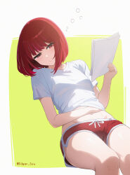  absurdres arima_kana bob_cut border breasts closed_mouth commentary_request dolphin_shorts edgar_syu female highres holding holding_paper inverted_bob invisible_chair midriff oshi_no_ko outside_border paper red_eyes red_hair red_shorts shirt short_sleeves shorts sitting small_breasts solo squeans twitter_username white_border white_shirt yellow_background 