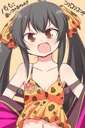  animal_print bare_shoulders black_hair bow breasts cleavage collarbone dot_nose female hair_between_eyes hair_ribbon hairbow idolmaster idolmaster_cinderella_girls idolmaster_cinderella_girls_starlight_stage jacket leopard_print long_hair looking_at_viewer matoba_risa midriff navel off_shoulder open_mouth orange_ribbon orange_shirt pink_jacket print_ribbon ribbon serebi_ryousangata shirt simple_background sleeveless sleeveless_shirt small_breasts solo twintails upper_body v-shaped_eyebrows yellow_background yellow_eyes 