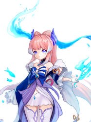  absurdres bare_shoulders blue_horns blunt_bangs blush bow bow-shaped_hair breasts choker closed_mouth colored_tips detached_sleeves dress female fish frilled_sleeves frills genshin_impact gloves gradient_hair hair_ornament half_gloves highres horns japanese_clothes jellyfish lace-trimmed_choker lace_trim long_hair long_sleeves looking_at_viewer medium_breasts multicolored_hair parted_lips pink_hair purple_eyes ribbon sangonomiya_kokomi shorts sidelocks simple_background solo thighhighs ttt_(user_znvs5328) very_long_hair vision_(genshin_impact) white_background white_gloves white_shorts wide_sleeves zettai_ryouiki 