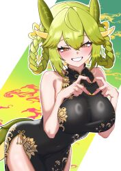  absurdres black_dress breasts chinese_clothes dragon_girl dragon_horns dragon_tail dress duel_monster female green_hair highres horns large_breasts looking_at_viewer oldsickkim parlor_dragonmaid sleeveless smile solo tail yellow_eyes yu-gi-oh! 