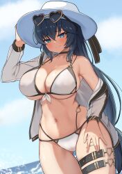  absurdres ass_visible_through_thighs bikini blue_eyes blue_hair blue_sky blurry blurry_background blush body_writing breasts cleavage collarbone counter:side dark_blue_hair female hair_between_eyes hand_on_own_hat hand_on_own_thigh hand_up hat heart heart-shaped_eyewear heart_o-ring highres jacket large_breasts lin_xien long_hair long_sleeves looking_at_viewer low-tied_long_hair multi-strapped_bikini_bottom multi-strapped_bikini_top multiple_thigh_straps navel ocean shade sideboob single_off_shoulder skindentation sky smile solo sseong stomach sunglasses sweat swimsuit thighs underboob very_long_hair white_bikini white_hat white_jacket wide_hips 