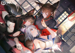  3girls absurdres akagi_(azur_lane) amagi_(azur_lane) animal_ear_fluff animal_ears azur_lane bare_shoulders black_hair black_kimono blue_eyes blunt_bangs blush breasts brown_hair cleavage closed_eyes commentary_request detached_sleeves dutch_angle fox_ears fox_girl fox_tail hair_ornament hair_tubes highres indoors japanese_clothes kaga_(azur_lane) kaga_(battleship)_(azur_lane) kimono lap_pillow large_breasts liduke long_hair long_sleeves looking_at_another multiple_girls multiple_tails official_art parted_lips purple_eyes revision second-party_source short_hair sideboob smile tail thick_eyebrows white_hair white_kimono wide_sleeves 